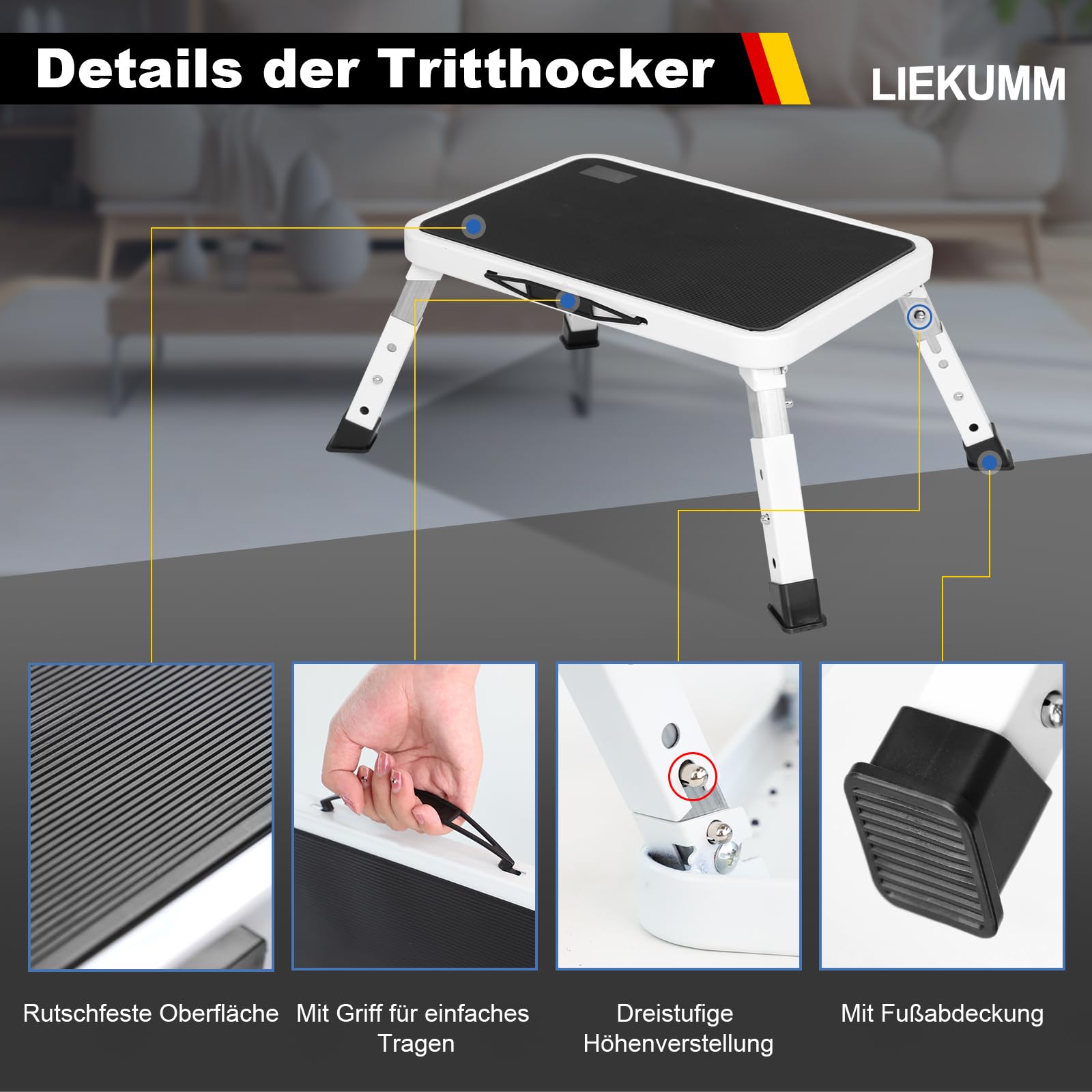 Sgabello Pieghevole LIEKUMM – Altezza Regolabile In 3 Livelli (17,5-23,5 Cm), Portata 150 Kg, In Acciaio, Antiscivolo, Per Campeggio E Cucina (bianco)