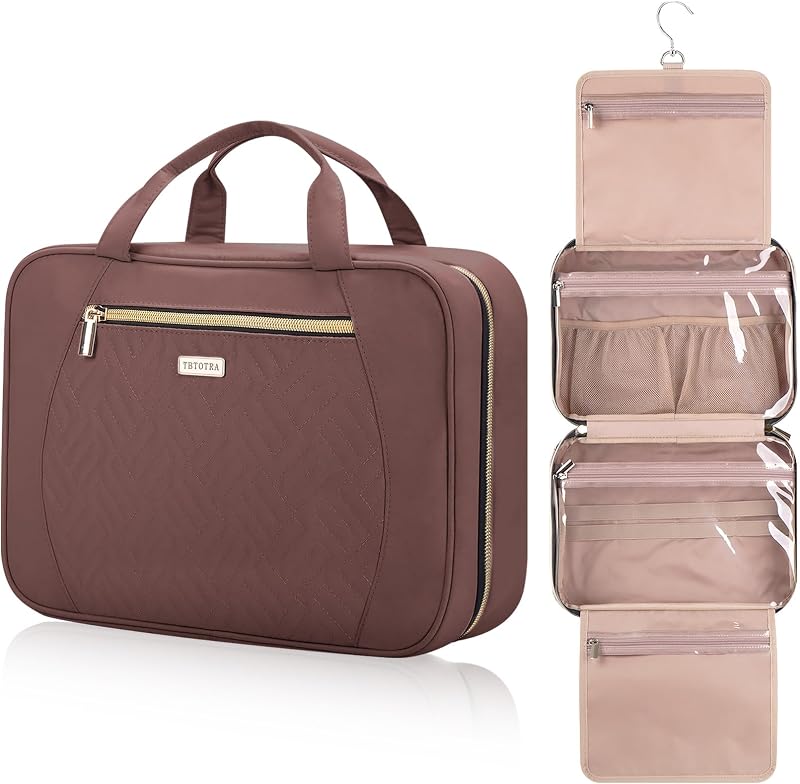 Necessaire de viagem TBTOTRA em Rosewood com zíper, divisórias e gancho giratório