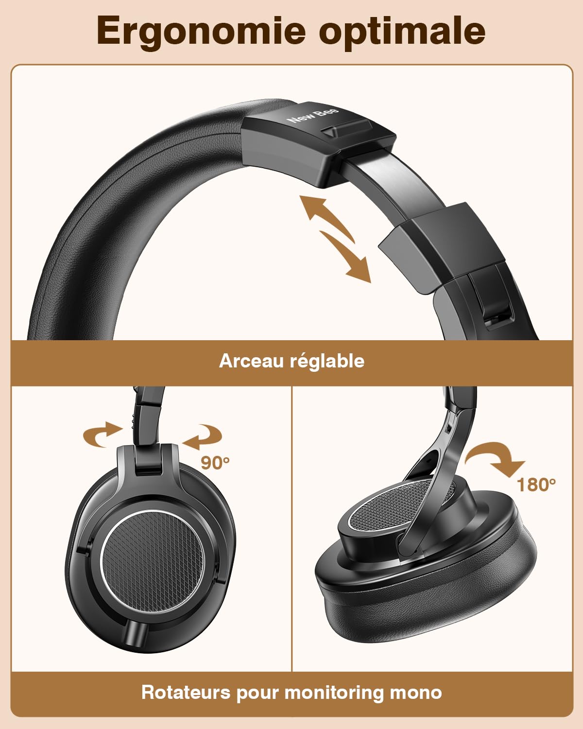 New bee Casque de studio - Pilote de 50 mm - Avec câble - Jack 6,35 et 3,5 mm - Pour studio, DJ, podcast, moniteur