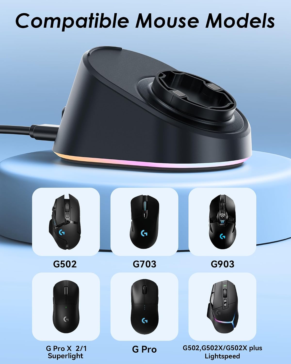 Charging Dock for Logitech G502/G502X/G502X Plus Lightspeed, G Pro X Superlight 2 DEX/Superlight 2/1, G703, G903, G403 Lightspeed and G PRO Computer Mice, Wireless Mice Charging Dock with RGB Light image 2