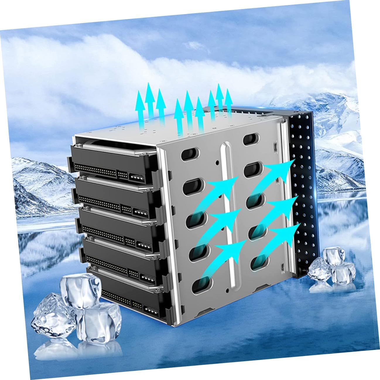 5 Inch Hard Drive Bracket Cage with 5-Bay Mounting Rack and Cooling Fan for PC Cases, Multi-Layer Hard Disk Storage Kit Compatible with 5.25 Inch Optical Drive Bays