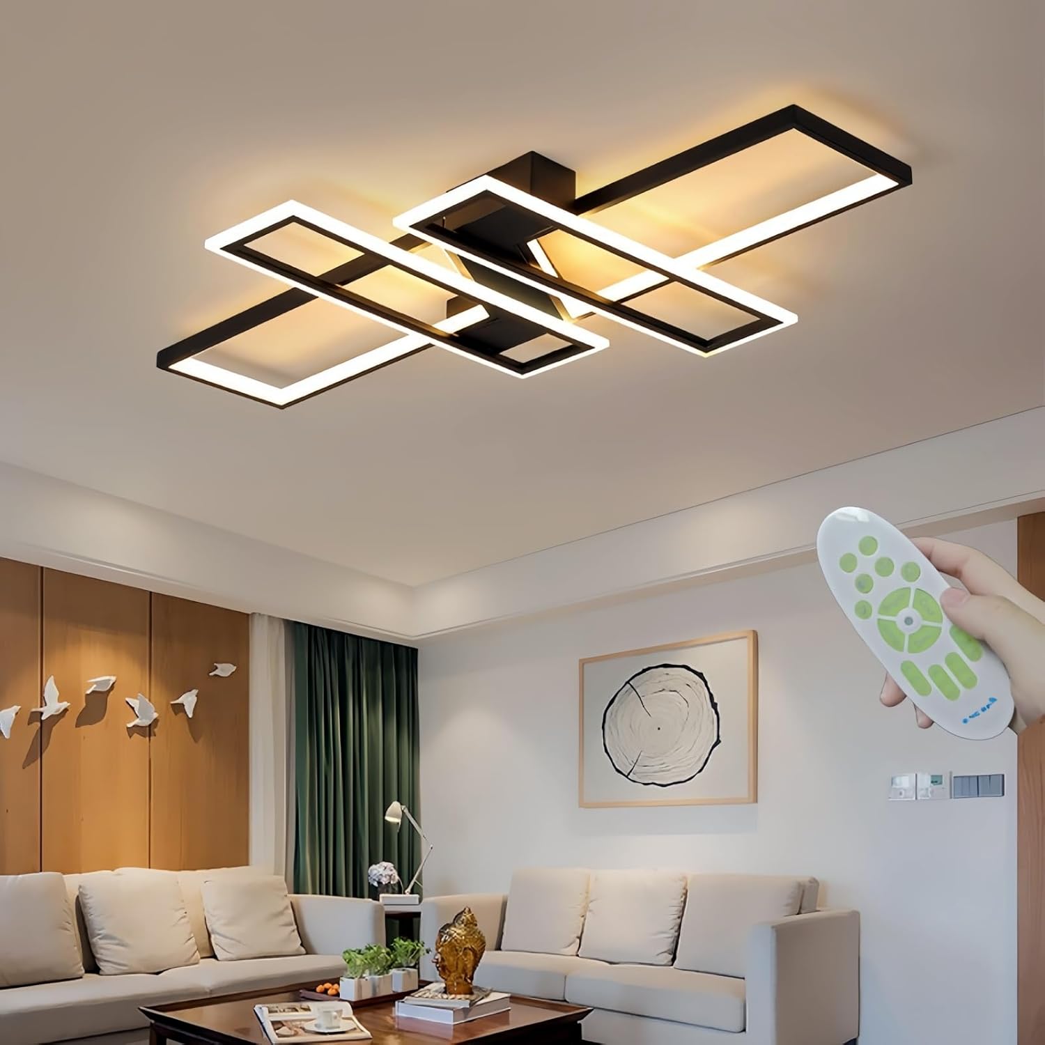 SMG Modern LED Ceiling Lights Fixture for Bedroom, 35" Remote Control Dimmable Led Chandelier, Flush Mount Square Design Ceiling Lamp for Kitchen Living Room Black 35.4 inches Black