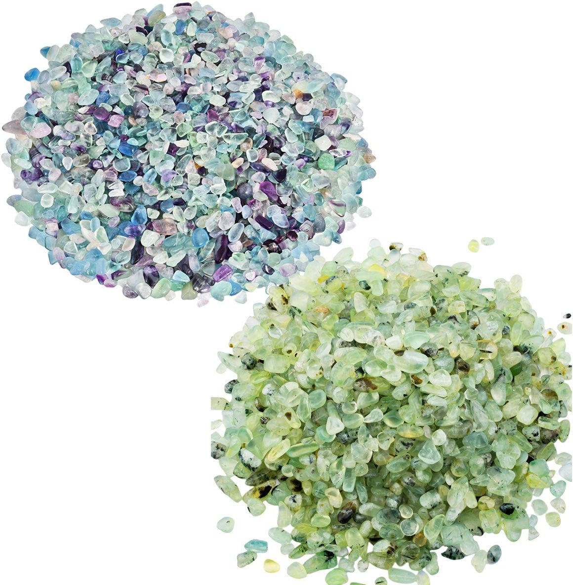 SUNYIK Pack of 2 Fluorite & Green Prehnite Tumbled Chips Stone Crushed Crystal Quartz Pieces Irregular Shaped Stones, 2 lbs (920g)