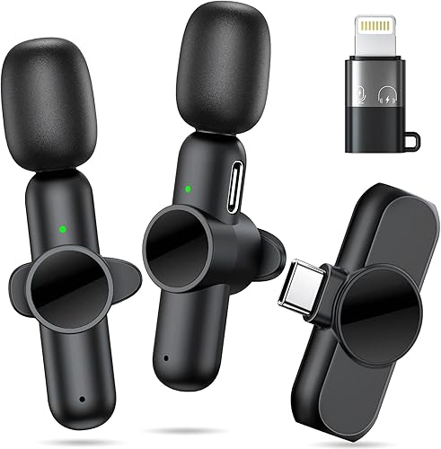 Miniatura 10 de Micrófono inalámbrico para iPhone, teléfono Android, portátil, paquete de 2 micrófonos Lavalier para grabación de video, micrófonos mini con Negro