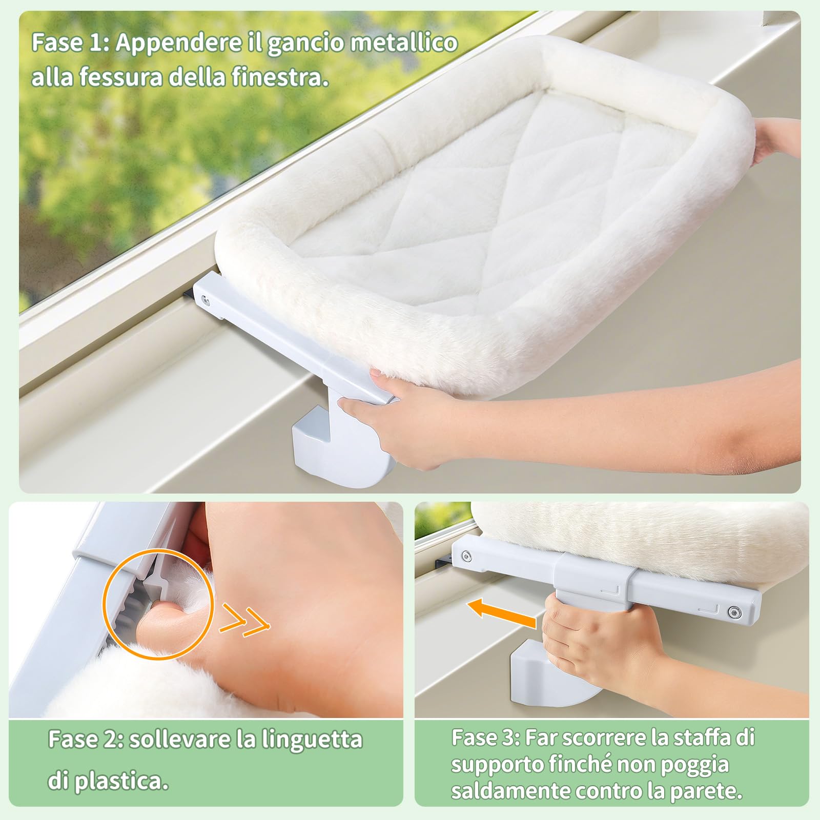 GUUSII HOME Amaca per Gatti da Finestra Gatto Cuccia Morbida Interno Letto Regolabile Gattino Cucce Trespolo Facile da Montare e Spostare per Comodino Sostenere Fino a 18kg (Bianco, M)