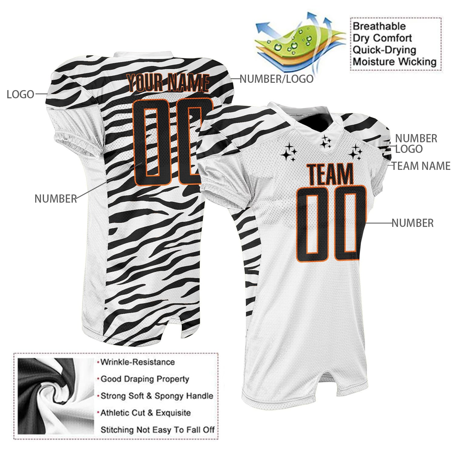 Custom Zebra-Striped Football Jersey with Name Number Logo Practice Outfit