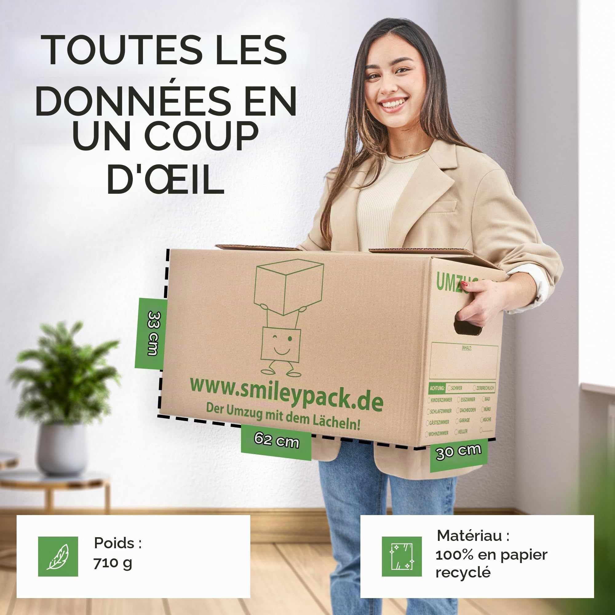 Smiley Pack - Lot de 20 Cartons de Déménagement Robustes - Extra Larges et Réutilisables - Charge Maximale : 40 kg - Avec Boîte en Carton - Carton de Déménagement Robuste avec