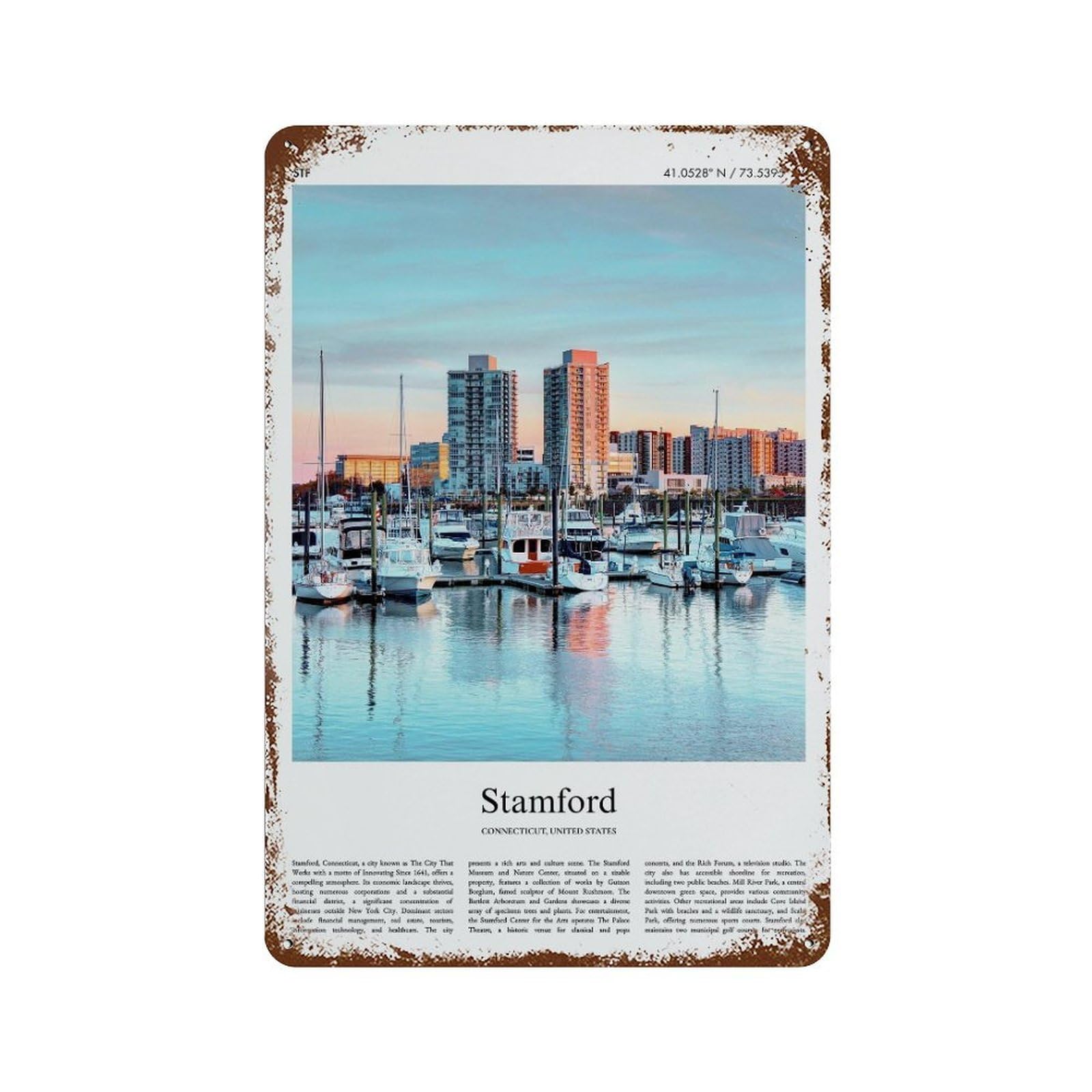 xiaoxiaoshen Stamford Connecticut, United States, USA City Scenery Wall Decor Art Metal Tin Poster Modern Home Decor Art Home Bar Shop Decorations Vintage Sign 30x20cm