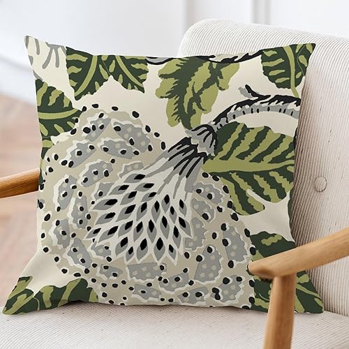 Miniatura 3 de ArogGeld Fundas de almohada de lino blanco y verde con hojas verdes, color gris y negro, fundas de cojín de lino blanco y verde, estilo asiático,