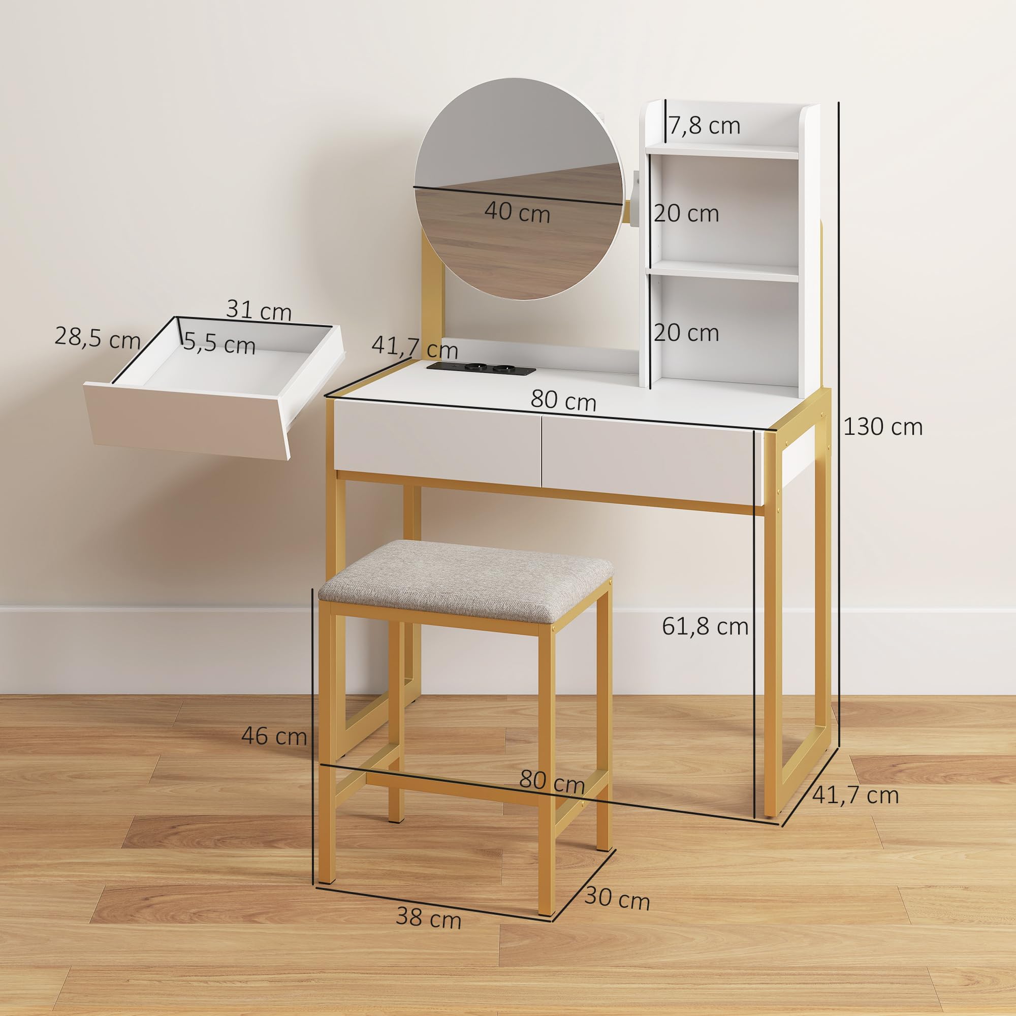 HOMCOM Tocador de Maquillaje con Espejo y Taburete Acolchado, Tocador con Estación de Carga, 2 Cajones, 3 Estantes Abiertos, Puerto USB, Estructura Metálica, para Dormitorio, Blanco