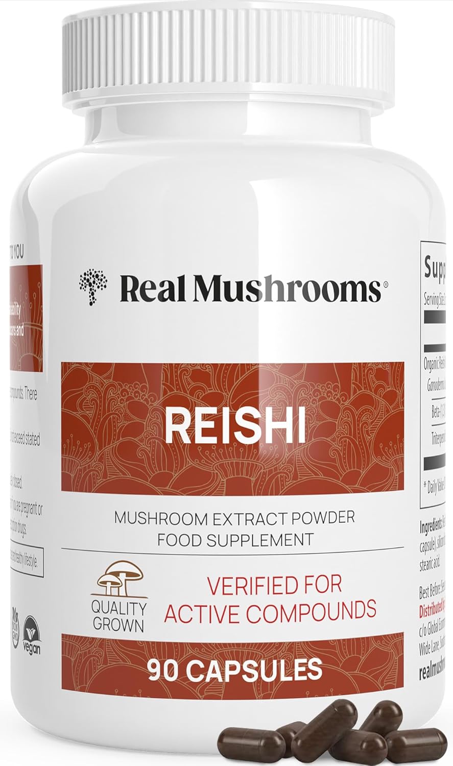 Real Mushrooms Reishi Capsules – Organic Mushroom Extract Supplement with Potent Red Reishi Mushroom for Longevity, Mood, Sleep, & Immune Support – Vegan Mushroom Supplement, Non-GMO, 90 Caps