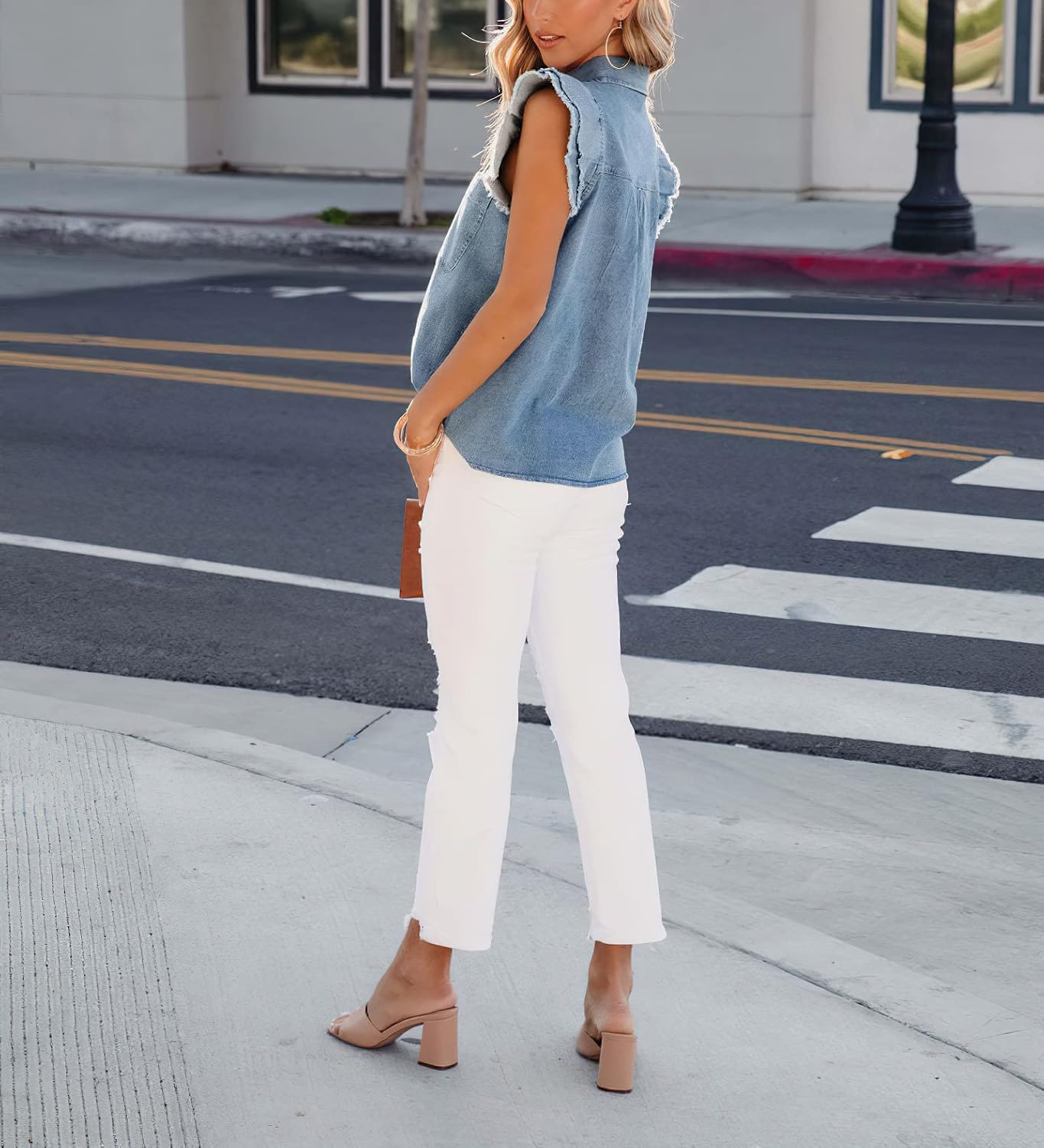 Women's Denim Top Casual Distressed Button Down Cap Sleeve Ruffle Blouses Summer Sleeveless Collared Jean Shirt - Image 2