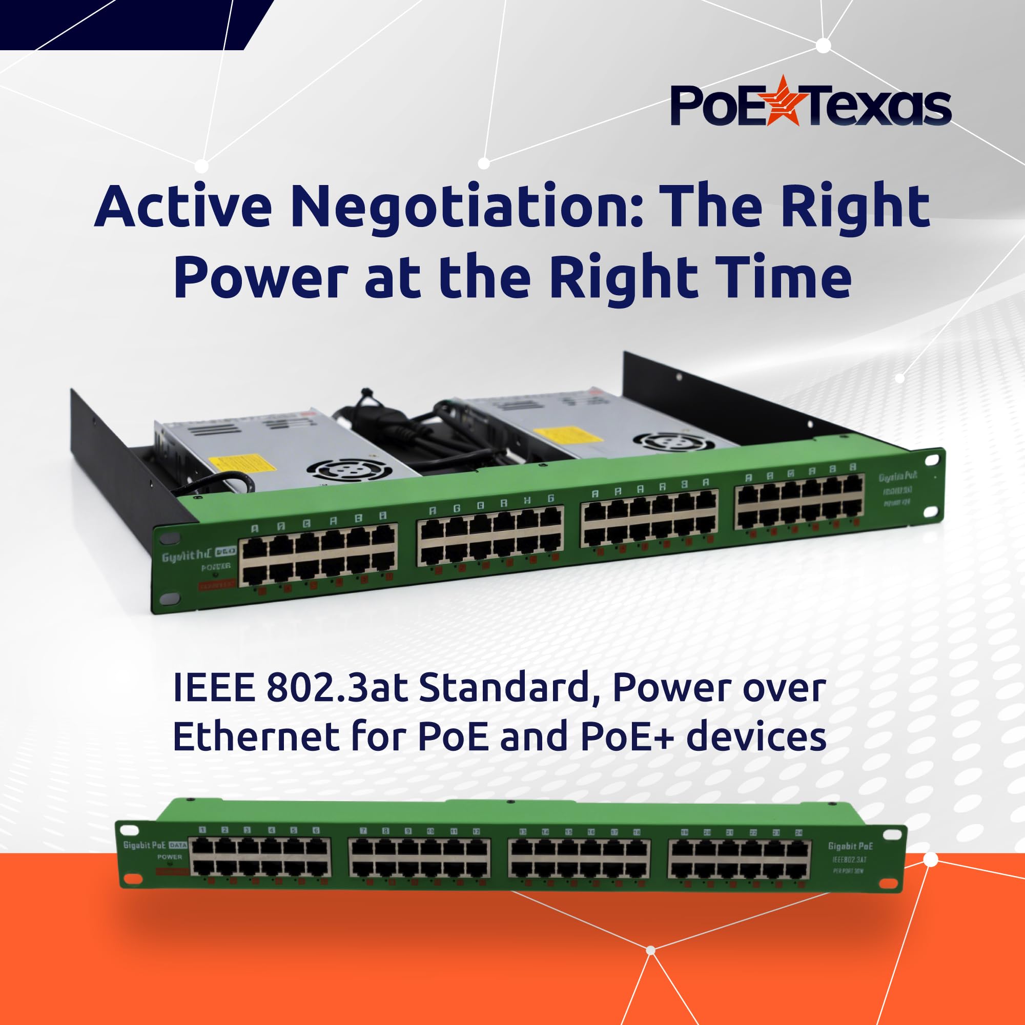 PoE Texas Injecteur PoE+ IEEE 802.3at à 24 ports - Obtenez un PoE+ complet sur chaque port - Puissance totale de 700 W - Taux de données 10/100/1000 Gigabit - Injecteur PoE+ actif pour points d'accès