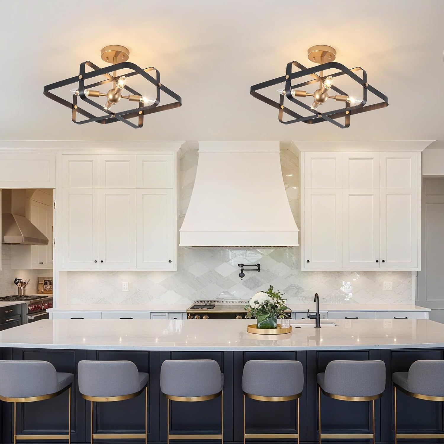 Semi Flush Mount Ceiling Light Black Gold Ceiling Light Fixture - 4 Lights Black Gold Metal Frame Small Modern Close to Ceiling Light Geometric Light for Kitchen Bedroom Living Entryway Foyer