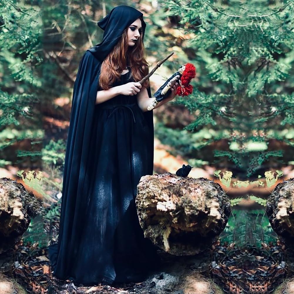 keland Mantello Medievale con Cappuccio per Donna Uomo Halloween Cosplay con Spille Vichinghe (Nero)