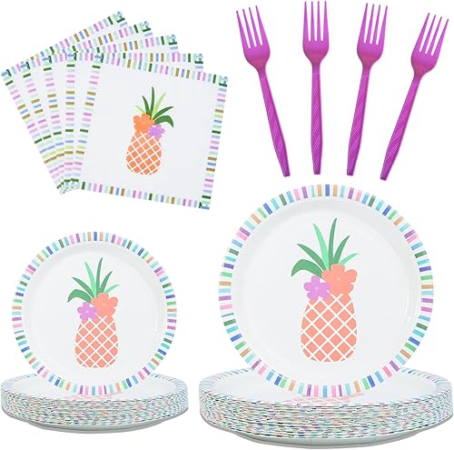 100 piezas de suministros de fiesta de piña, juego de vajilla de piña con temática de piña, platos de papel, servilletas, decoraciones de fiesta,