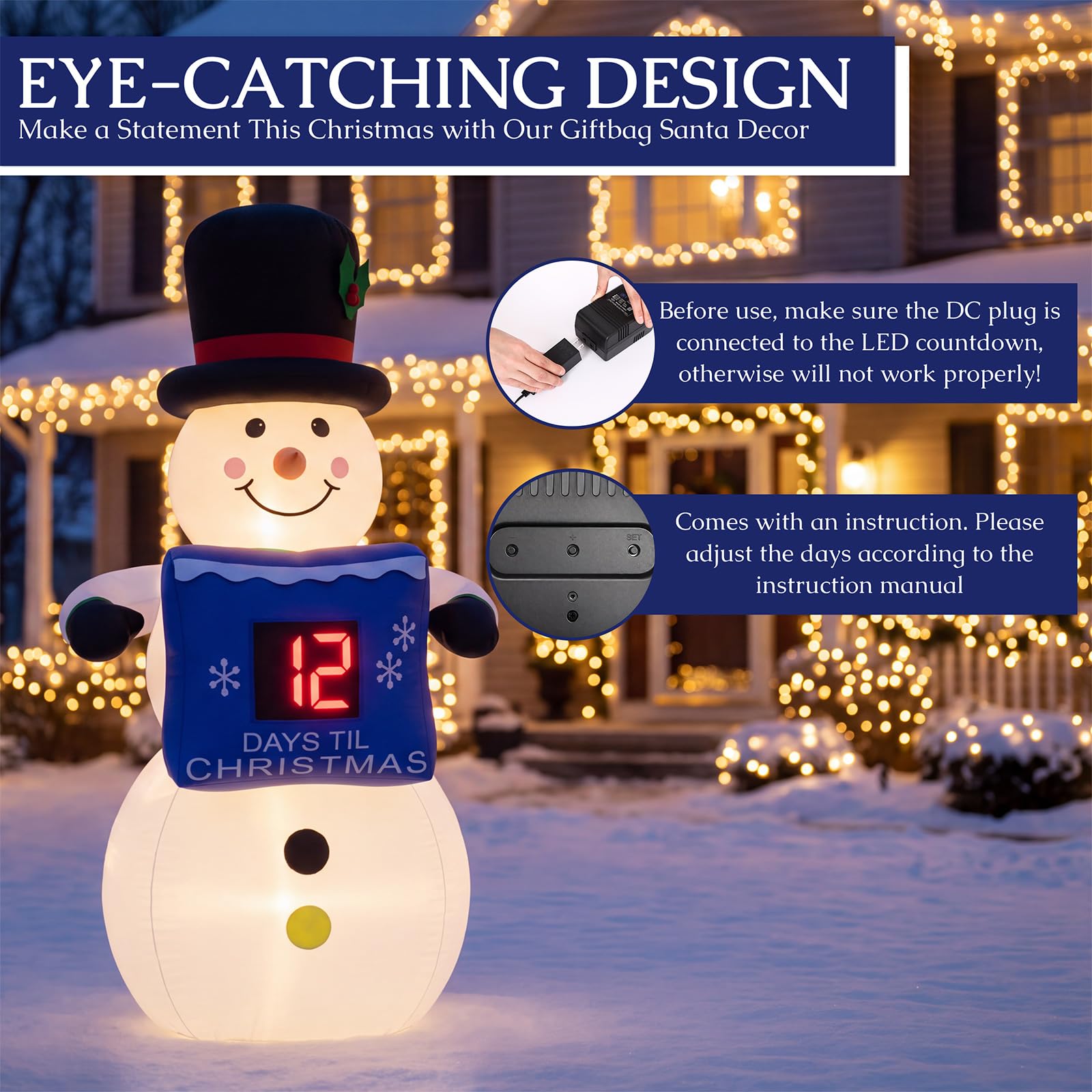 Foilswirl Bonhomme de neige gonflable de Noël de 1,32 m avec compte à rebours LED Bonhomme de neige gonflable Compte à rebours extérieur lumineux Décoration de fête de Noël pour la maison, la cour, le