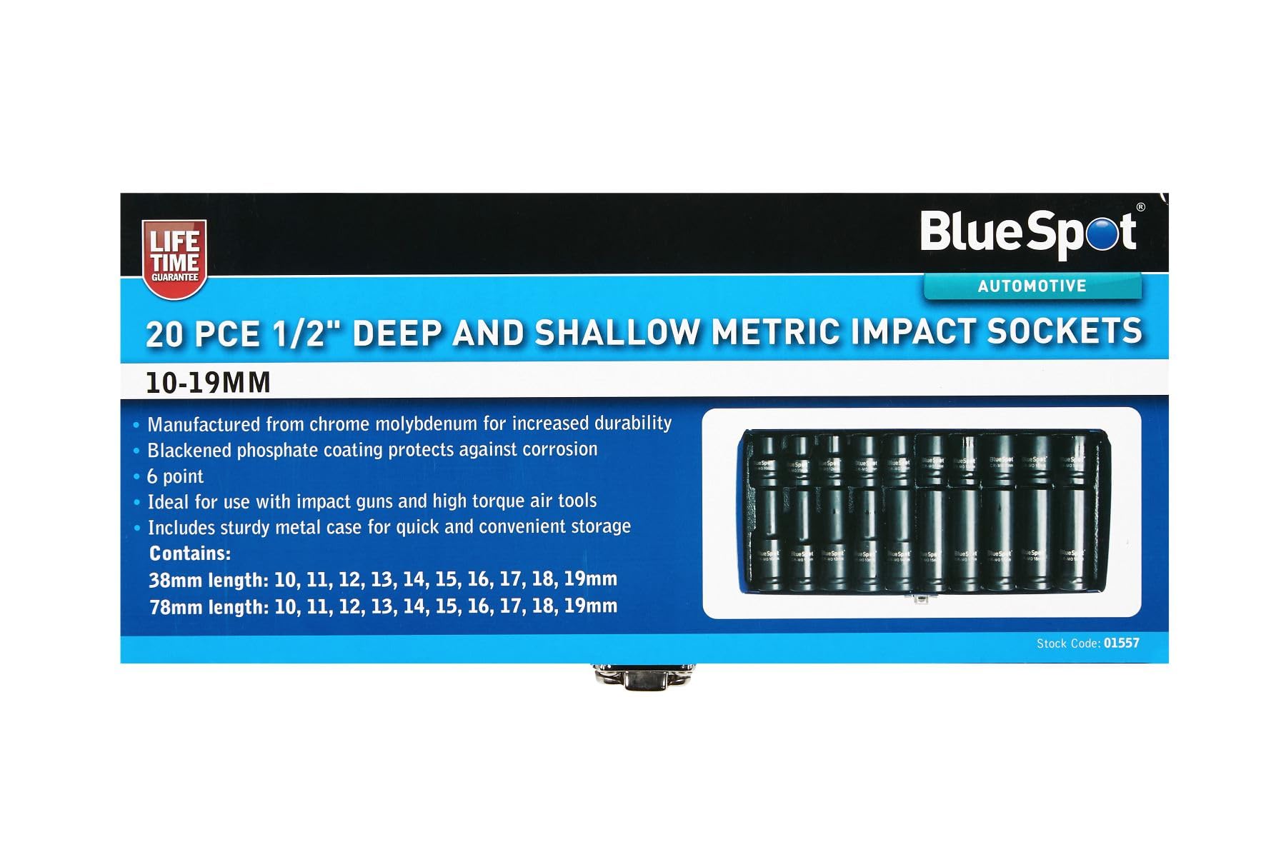 BlueSpot 20pc Deep and Shallow Metric Impact Sockets Set 10-19mm 1/2""