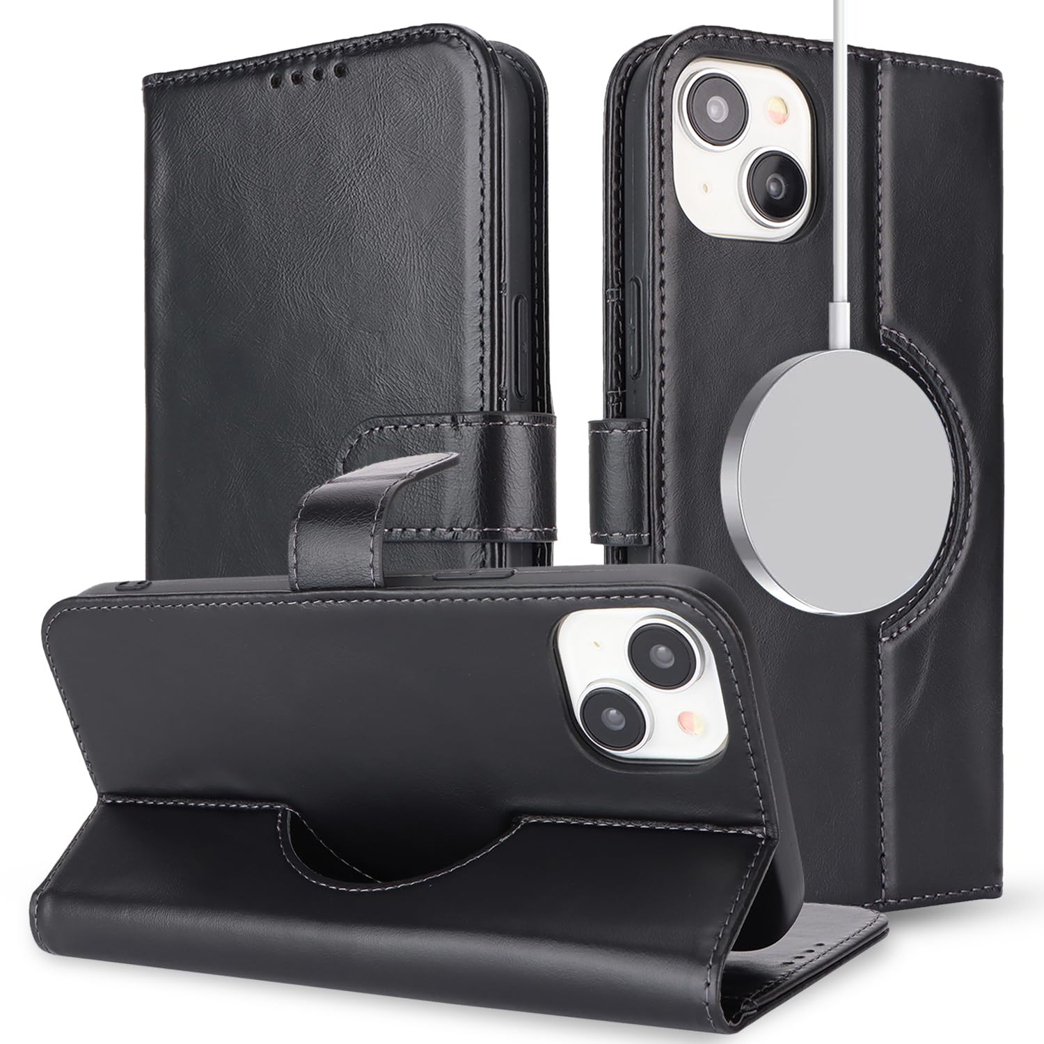 iPhone15Plus 本本牛革 カバー 財布付 ブラック ストラップ付