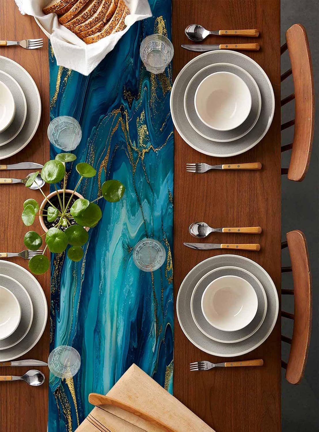 Teal Blue Marble Table Runner - 120 Inch Long Ink Painting Modern Abstract Yellow Cotton and Linen Blended Dress Scarves Farmhouse Table Runner for Kitchen Dining, Coffee Table, 13" x 120"