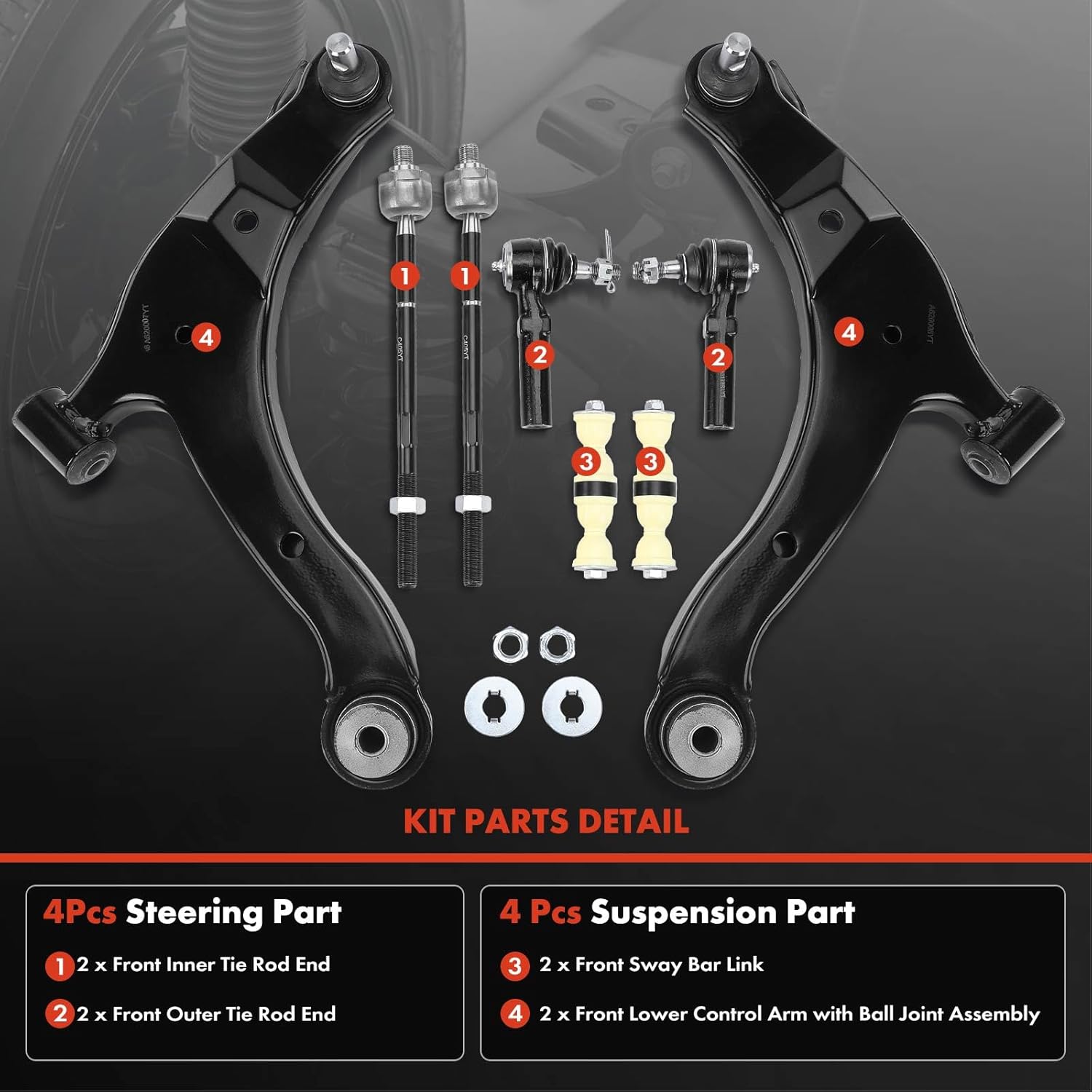 A-Premium Set of 8, Front Lower Control Arm, Sway Bar Link, Inner Outer Tie Rod End, Compatible with Chrysler PT Cruiser 2001-2010, Dodge Neon 2001-2005