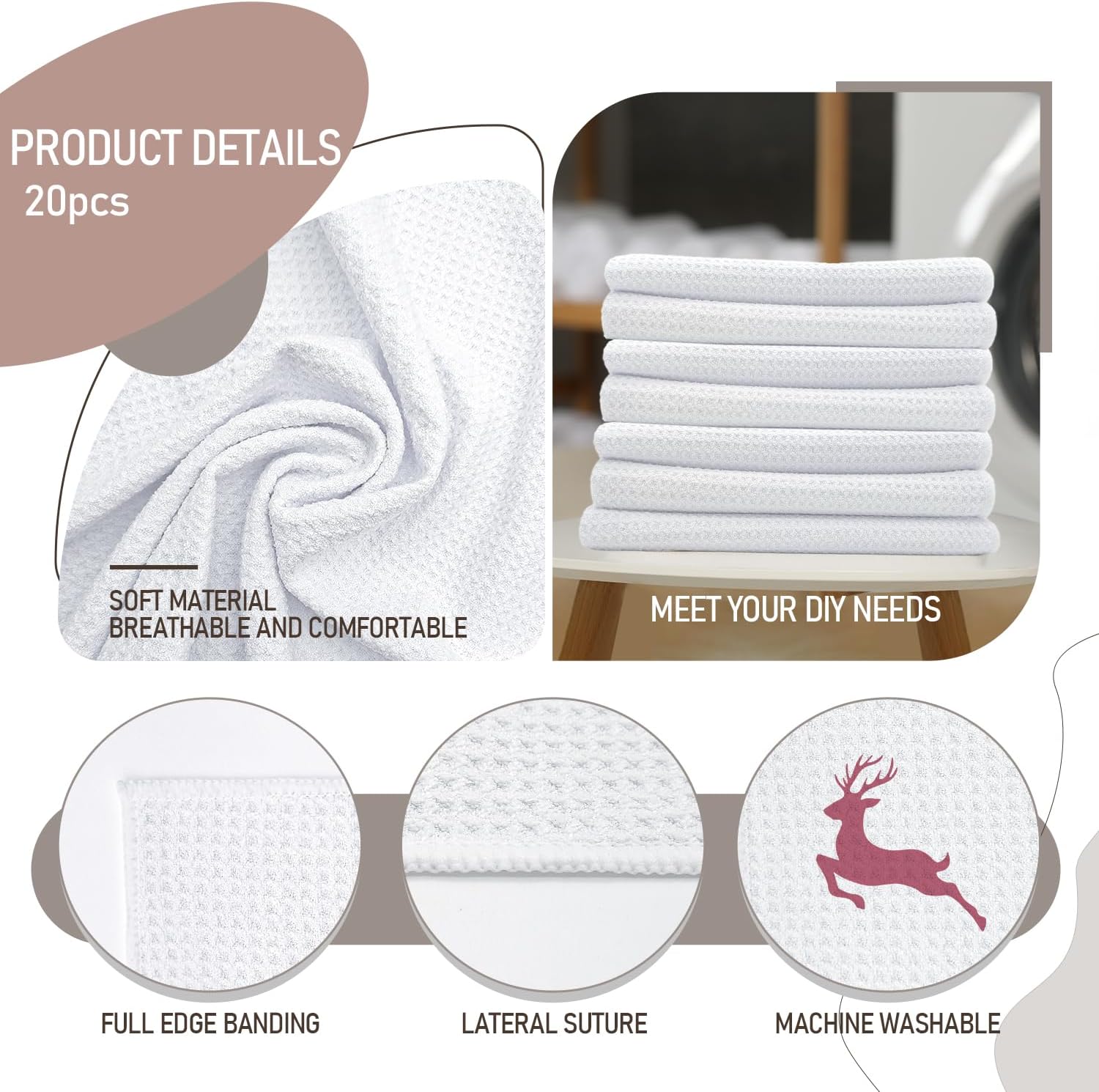 20 Pack Sublimation White Towels Waffle Weave Kitchen Towels Blanks Microfiber Dish Drying Towel for Heat Transfer 16x24 Inch