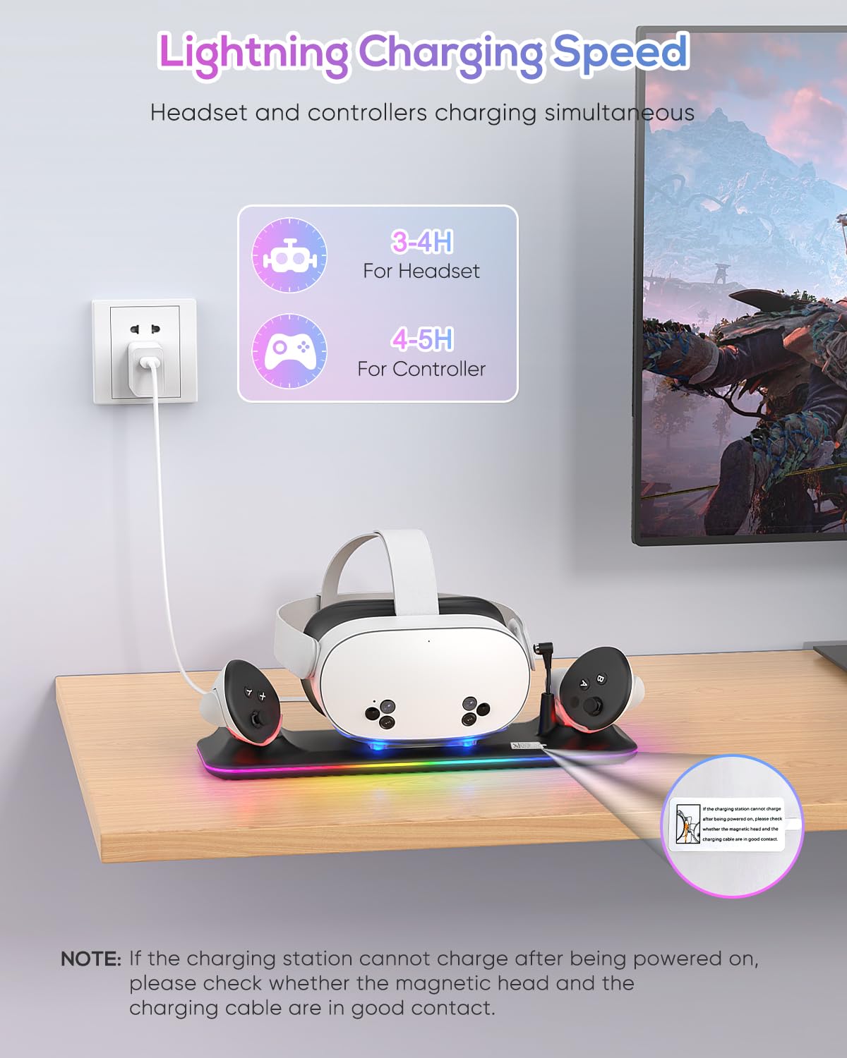 Stazione di ricarica per Meta Quest 3S/3 Kinwin Base di ricarica magnetica per accessori Oculus Quest 3S/3 con luce RGB, supporto di ricarica per auricolare VR e controller con 2 batterie ricaricabili