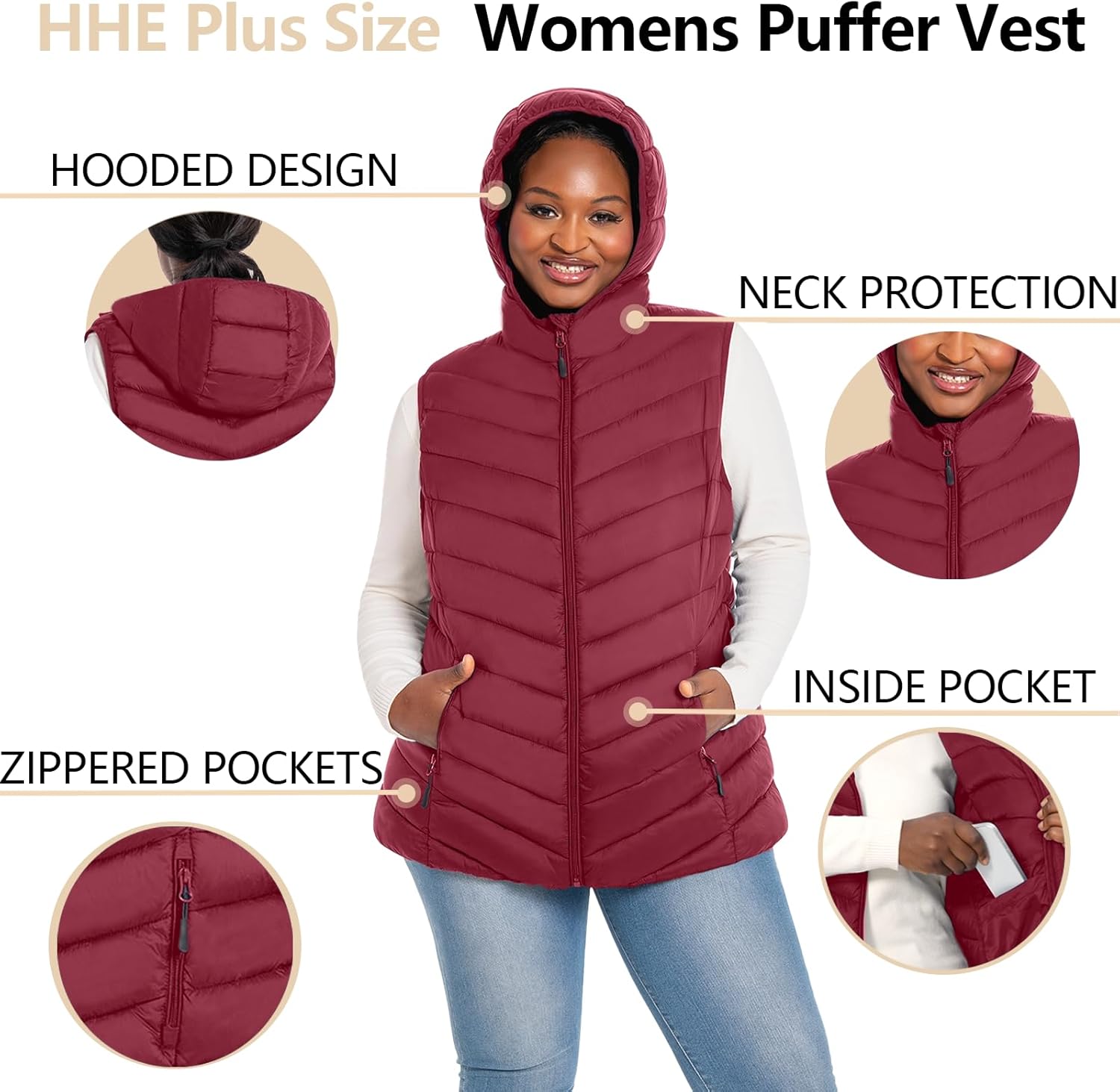 Womens Plus Size Packable Puffer Vest 1X-6X Women's Hooded Lightweight Quilted Puffy Vest - Image 5