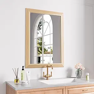 Amorho 22 X30 Inch Bathroom Mirror for Wall, Oak Wood Grain Metal Framed Mirror, Anti-Rust, Hang Horizontally/Vertically, Suitable for Bedroom, Farmhouse, Bathroom, Decorative