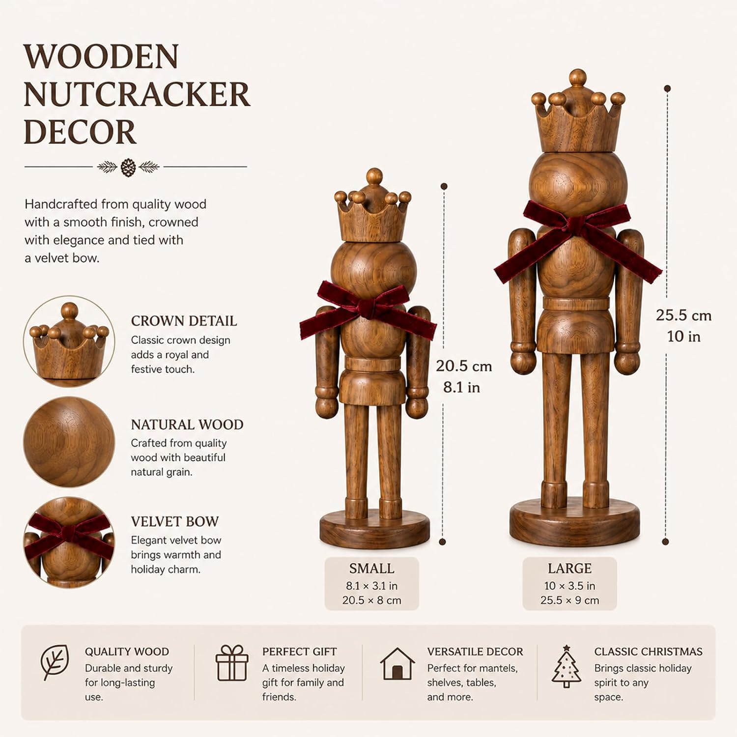 Amyhill 2 Pcs Wooden Christmas Nutcracker Figures Decor 8'' 10'' Brown