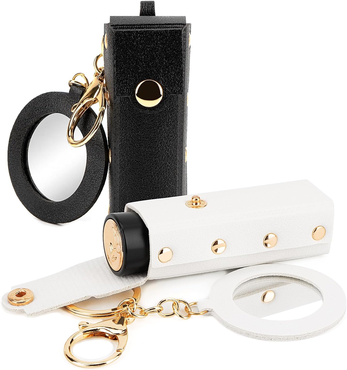 2 Pack Lipstick Organizer Keychain, Leather Lipstick Case with Mirror for Women, Portable Lip Gloss Bag Lip Balm Holder for Travel (Black & White)