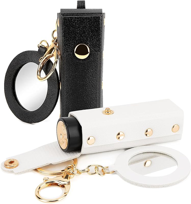Adorila Estojo para Batom com Argola e Espelho, Couro, Preto e Branco, Pacote com 2