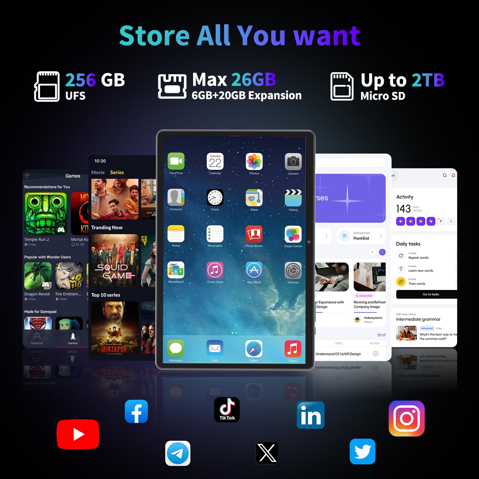 2025 Android 15 Tablet with Keyboard, 26GB(6+20)RAM+256 Storage(Expand to 2TB), 8000mAh Battery, Widevine L1, 10 Inch 2-in-1 Tablets with 5G/2.4G WiFi, BT5.0, GMS Certified, Mouse, Case, Stylus(Black)