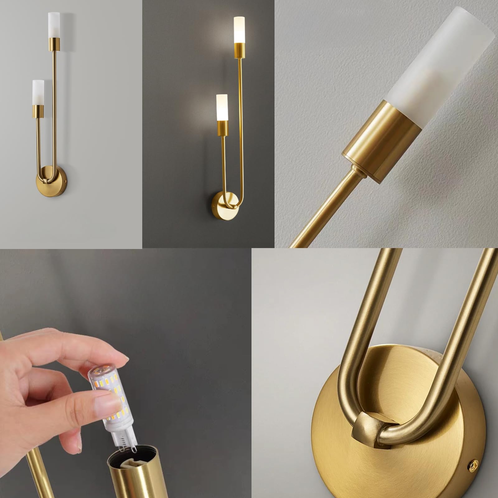 Moderne U-förmige Wandleuchte in Gold mit Acrylschirm, G9 kompatibel, 55cm Höhe Dekorative Wandlampe für Schlafzimmer, Wohnzimmer, Badezimmer, Flur, Hotel, Restaurant (Rechts.)