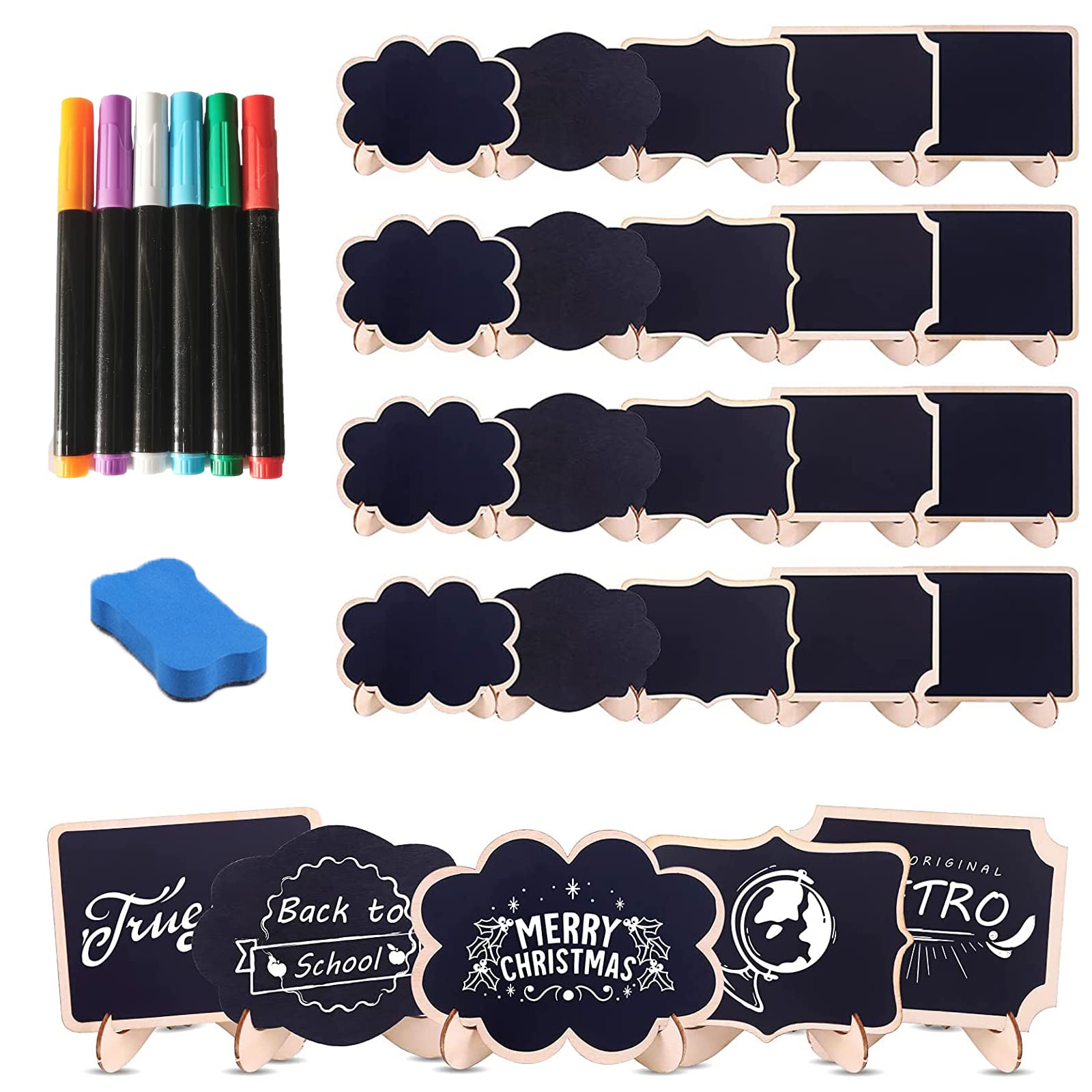 Mini Chalkboards 20 Pcs With 5 Colors Chalk Marker - Blackboard With Wooden Frame, Message Board, Place Cards for Table Numbers, Food and Holiday Decorations