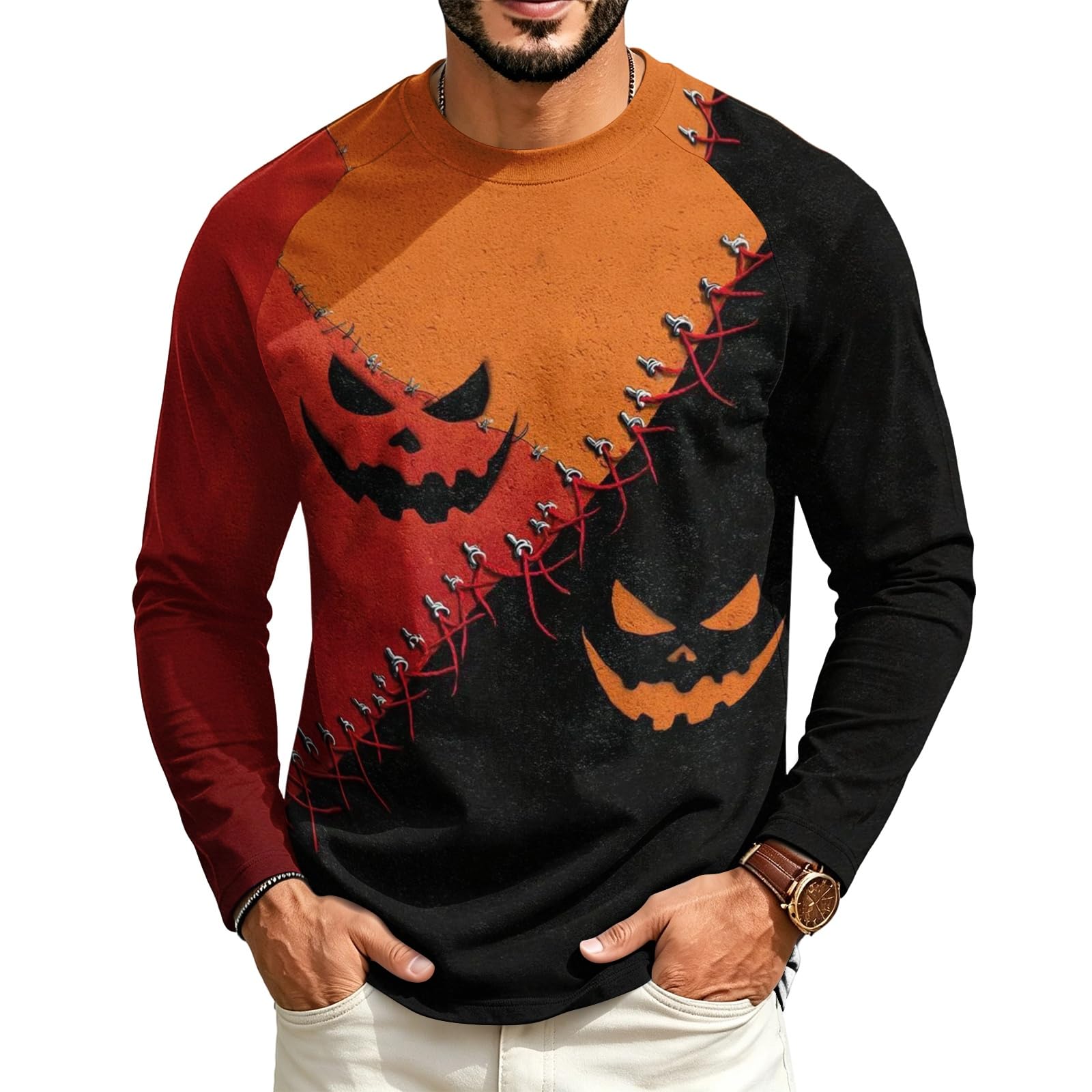 Halloween Crew Neck Shirts Costumes for Men Long Sleeve,03-Saffron XXL — image 1