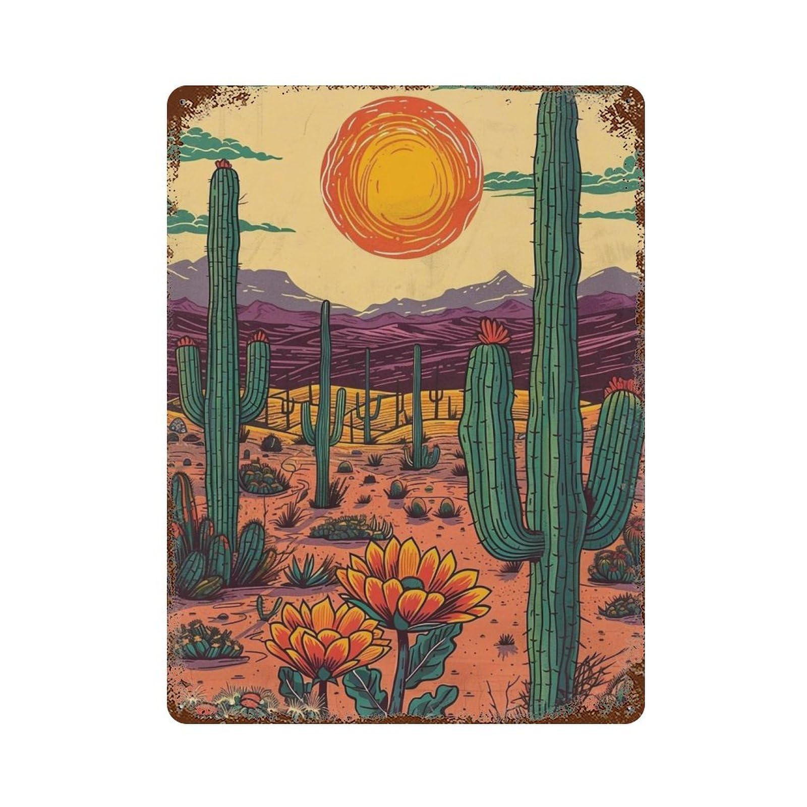 Wihyrtui Style Retro Flat Sunset Saguaro Desert Floral Vista 03 Wall Retro Iron Metal Tin Sign Vintage Art Poster Modern Home Cofffee Club Art Bar Shop Decor 40X30cm