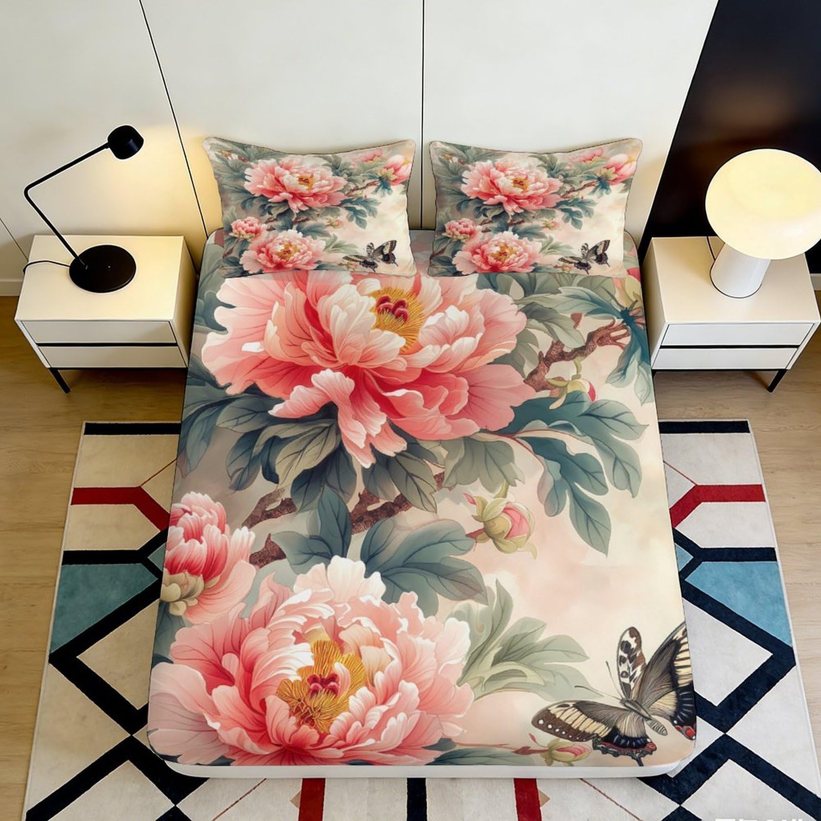 3D Printed Peony Blossom Fitted Sheet Microfiber Soft Pink Butterfly Mattress Cover for Bedroom Guest Room Decor 90x200x25cm