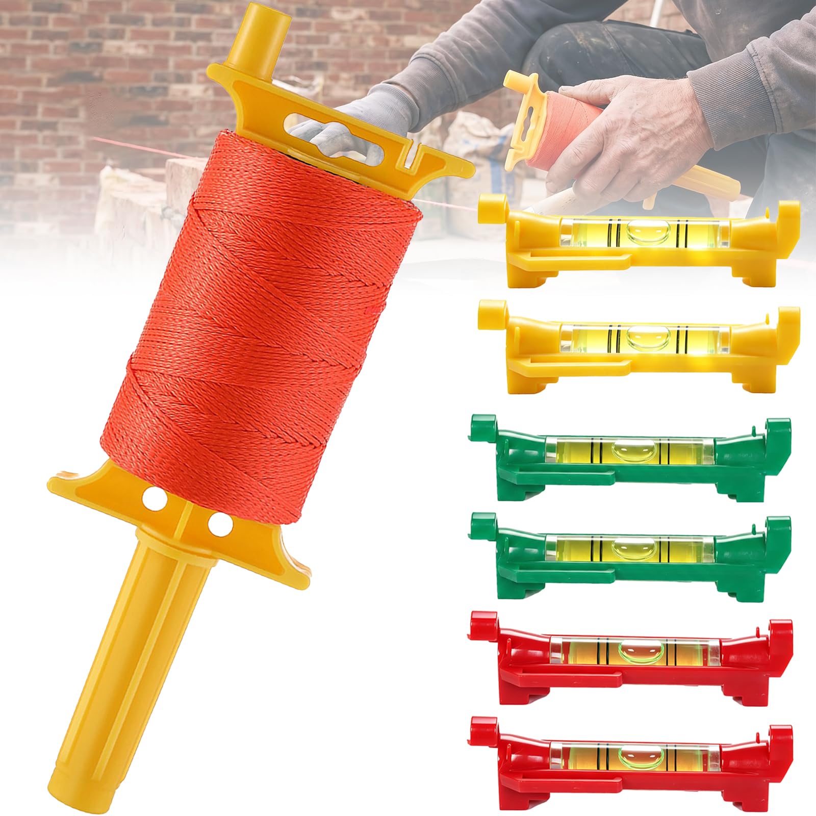165m Orange Ranging Line with Handle, Heavy-Duty Nylon String with 6Pcs Mini Rope Bubble String Level High-Visibility Yellow Bricklaying Landscaping for Masonry Construction DIY Projects (Orange)