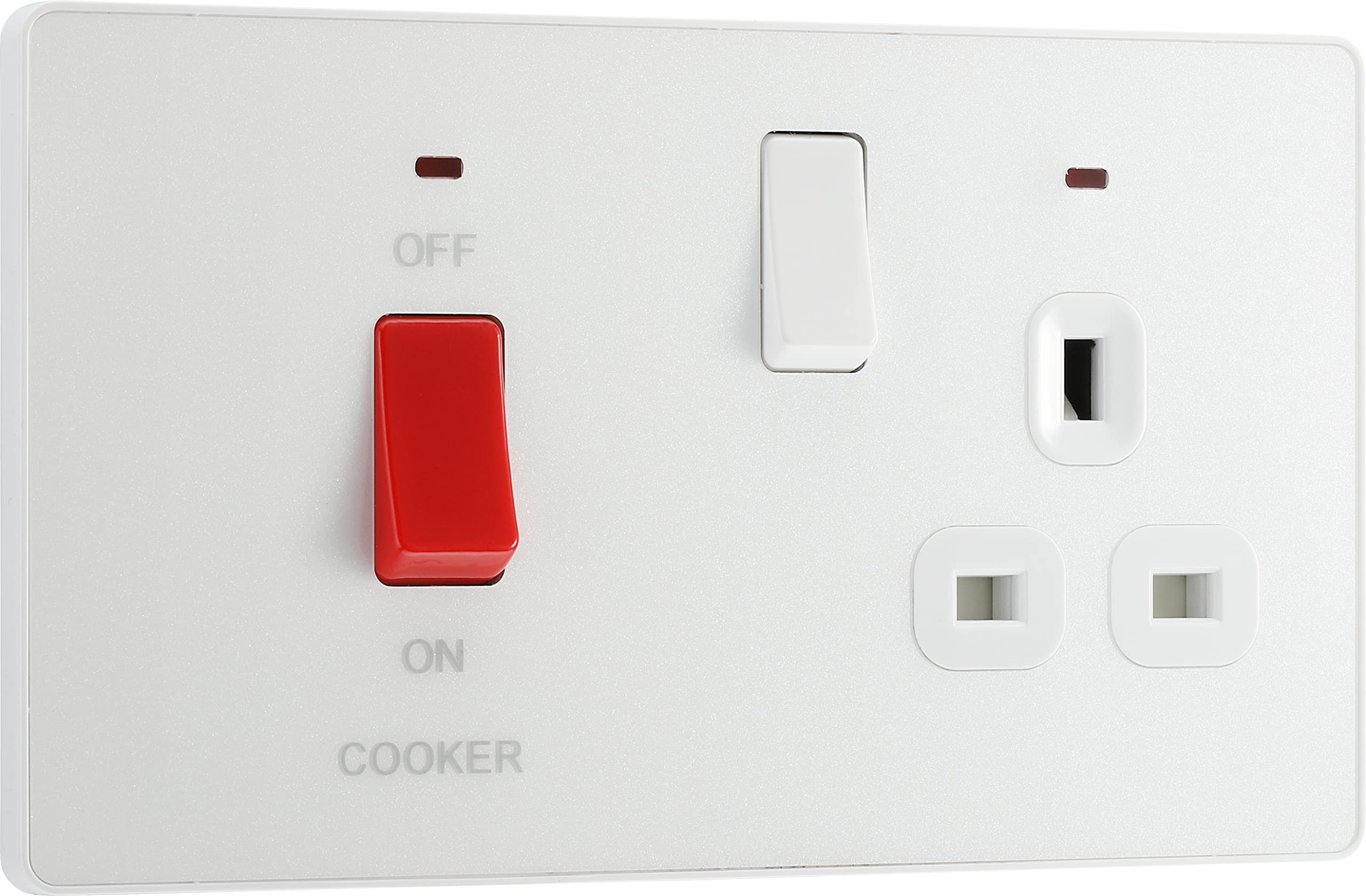 BG Electrical Cooker Switch with Socket and LED, Cooker Control Unit, Control Socket, Double Pole, Screwless Front Plate, Evolve, Pearlescent White, 45A, PCDCL70W