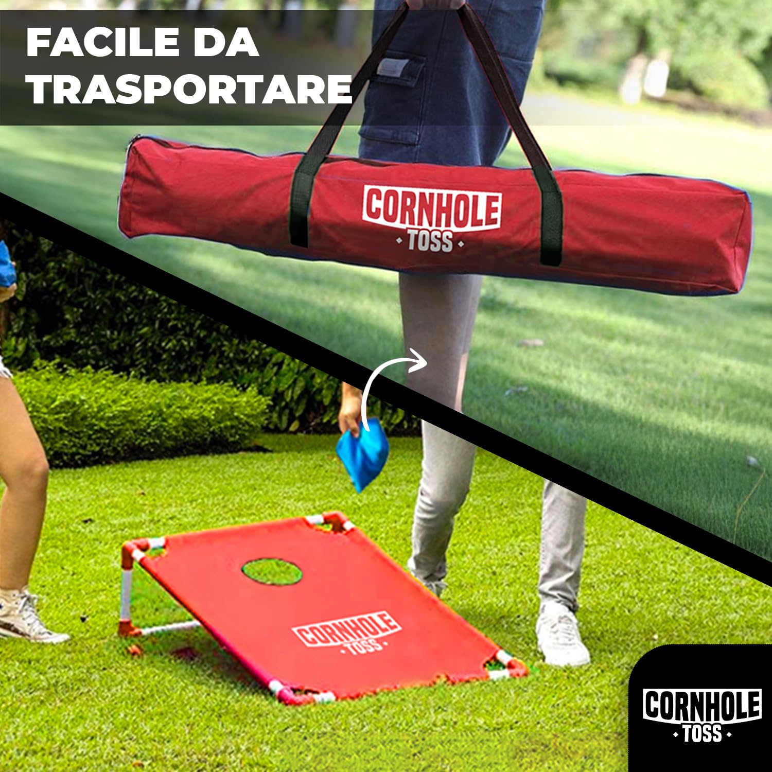 Cornhole Toss – Leggero e Pieghevole in Tessuto 90×60 cm – Set con 2 Tavole + 8 Sacchetti + Borsa da Trasporto – Gioco da Esterno per Adulti – Original Corner