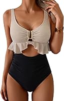B2prity Women's Ruffled One Piece Swimsuit Tummy Control V-Neck Cutout Tie Back High Waisted Bathing Suit