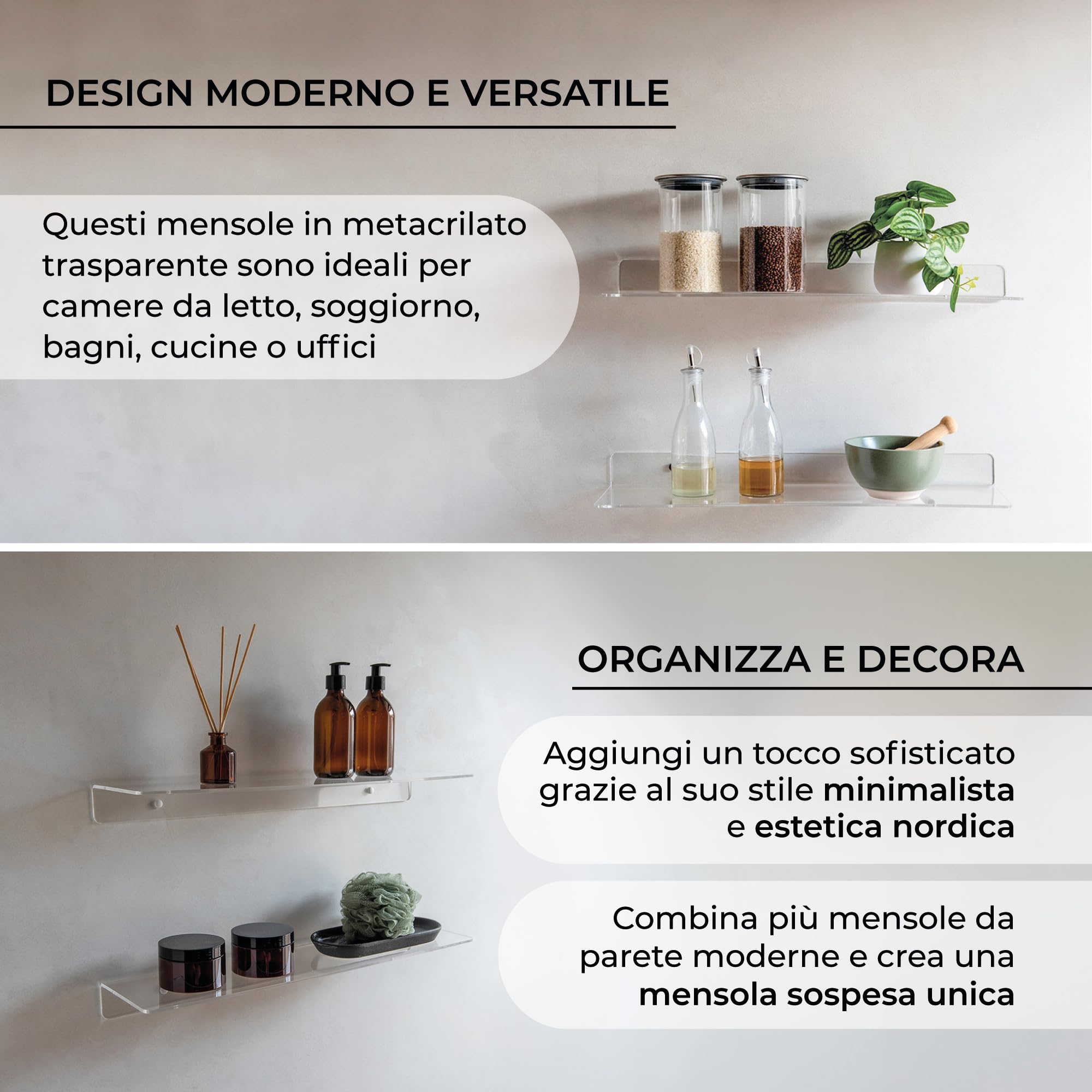 MILUKA Set di 2 Mensole da parete Acrilico Trasparenti 60 x 15 cm