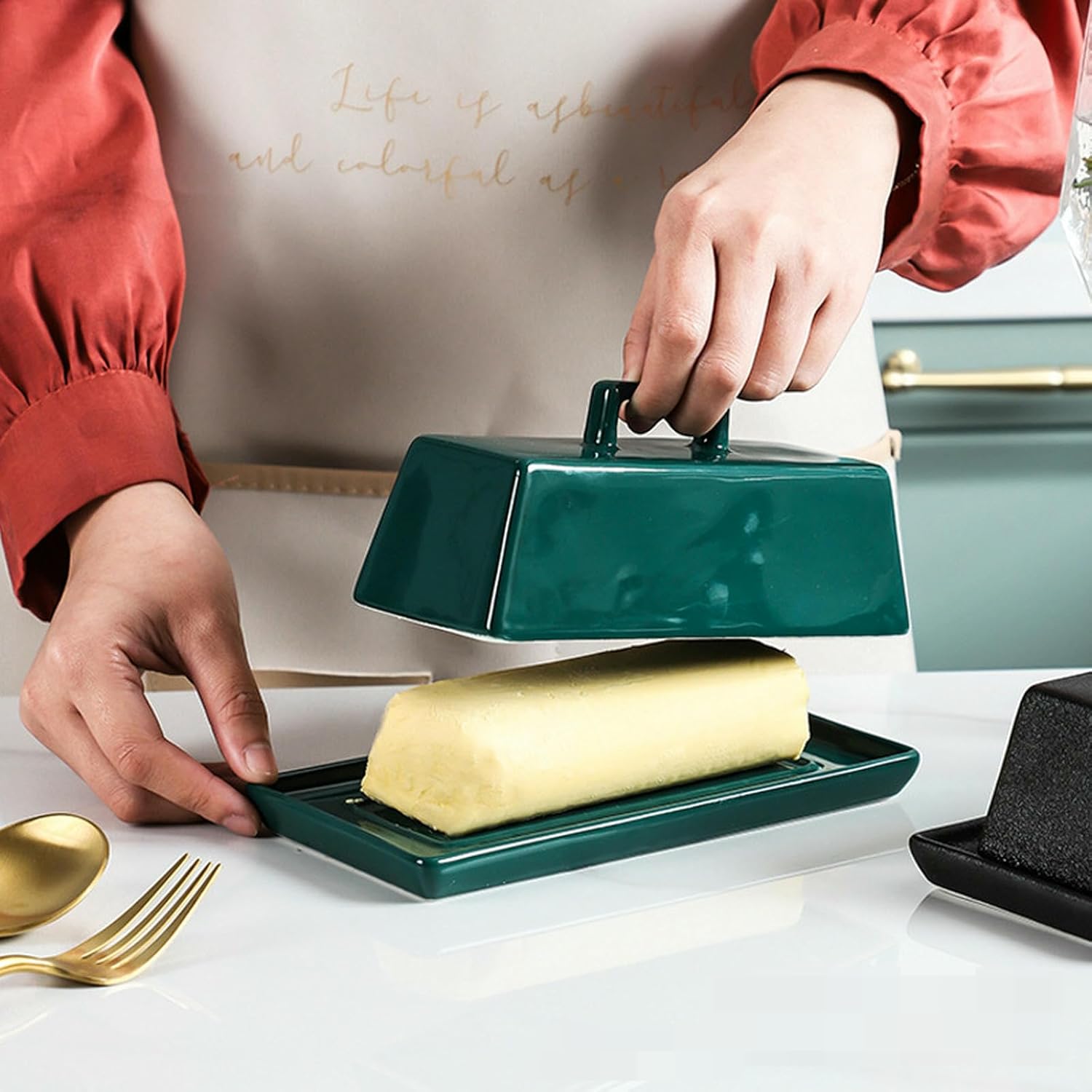 Simple Ceramic Butter Dish with Lid Rectangular Personality Butter Dish-Matte Black(Matte Black)