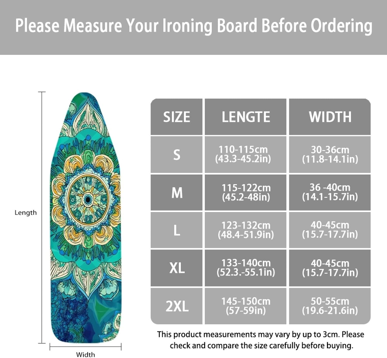 Padded Ironing Board Covers 18 X 49 Circle Blue Green Ironing Board Pad and Cover Thick Replacement Drawstring Tightening & Lock, Easy Fit, Scorch & Stain Resistant, Non Slip