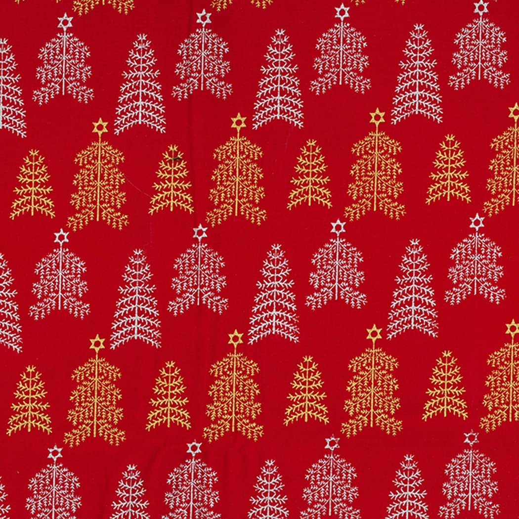 Oddies Red Christmas Fabric - Gold & Silver Glitter Christmas Trees On - Xmas Craft Fabric Material Metre