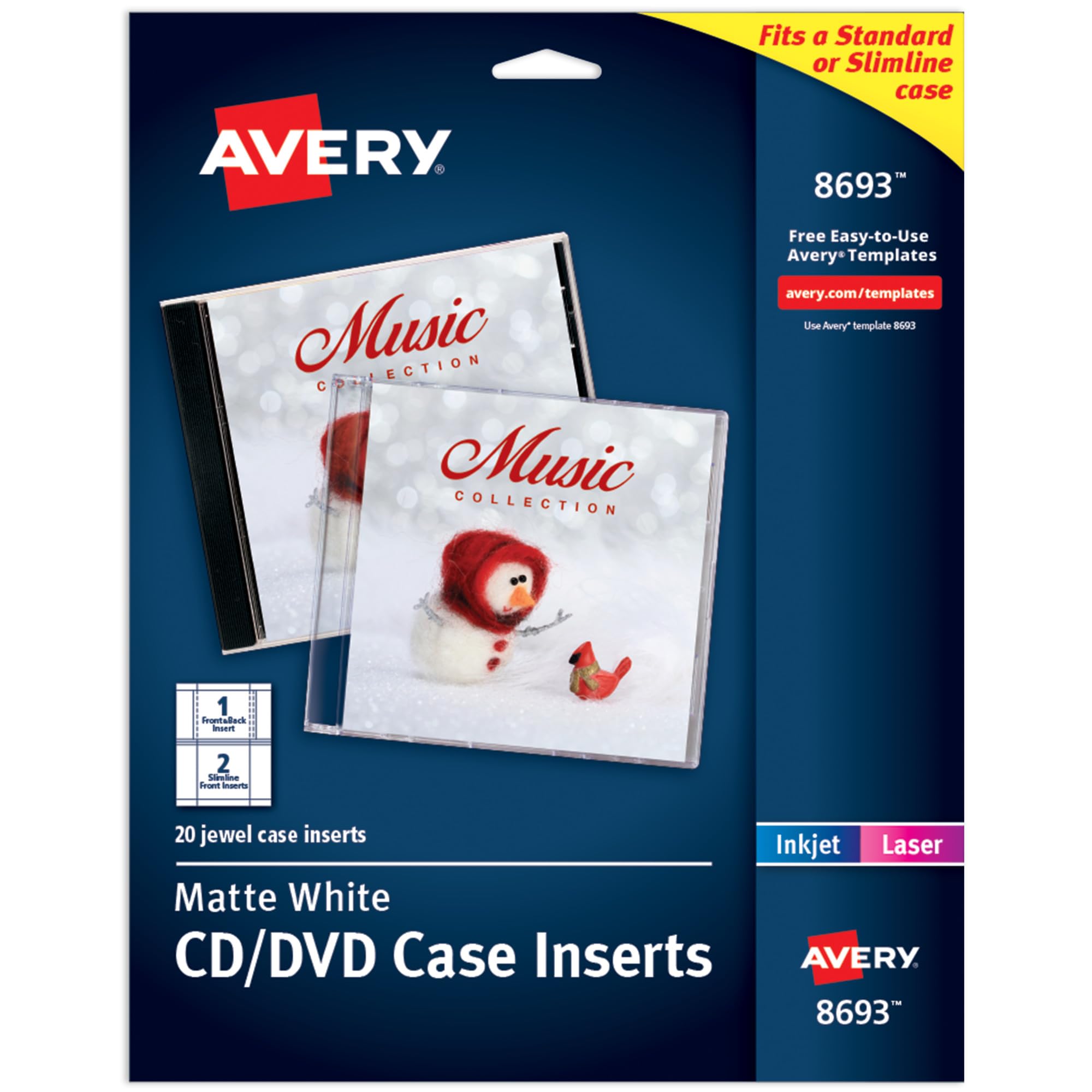 Avery Printable CD Jewel Case Inserts, Matte White, Laser & Inkjet Printers, 20 Standard and Slimline Inserts, Great for CDs, DVDs, Presentations, Portfolios, and More (8693)