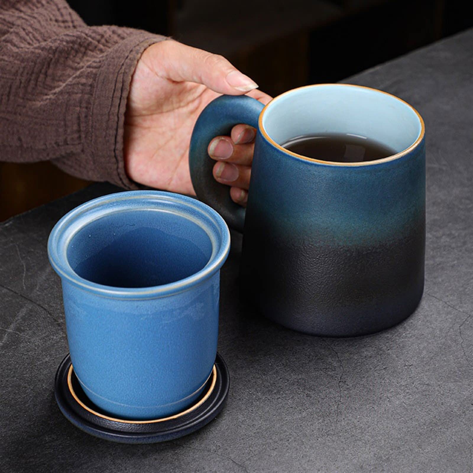 Mug Tasse en céramique 450ML Tasse à Boire de Grande capacité avec Couvercle et Filtre Tasse à thé Antique Tasse à thé (Color : Bruin)