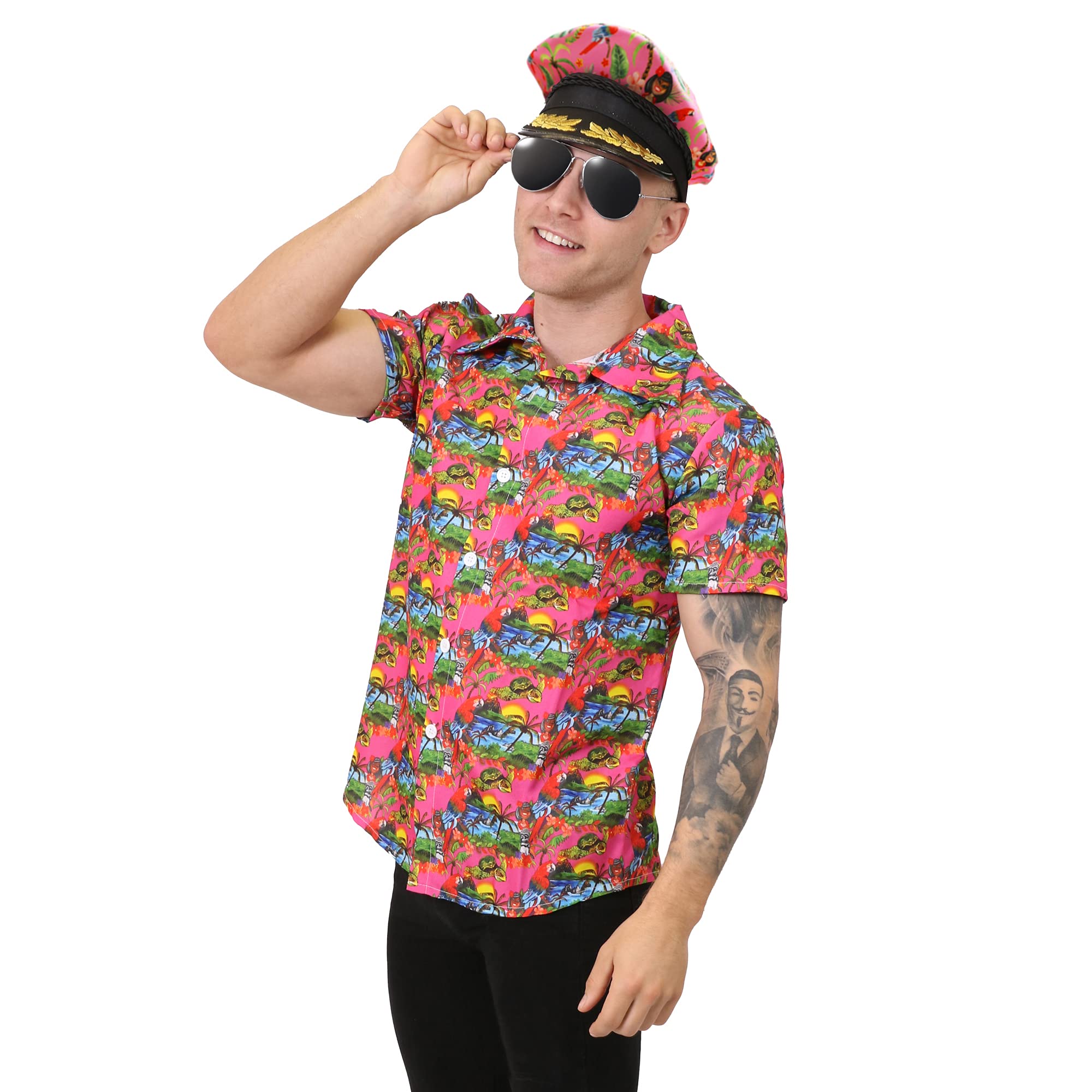 Hawaiian Fancy Dress Outfit - Pink Shirt, Hat And Mirrored Glasses - Xxl - Hawaii Tropical Short Sleeve Shirt - Fancy Dress - Summer Beach Party Wear