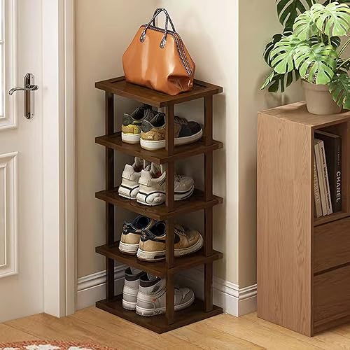 Zapatero vertical Organizador de zapatos alto y estrecho para espacios pequeños, estante de bambú de 5 niveles para entrada, armario, esquina,